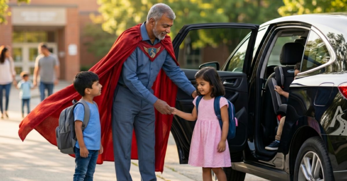 A Route A driver, dressed as a superhero, greets students